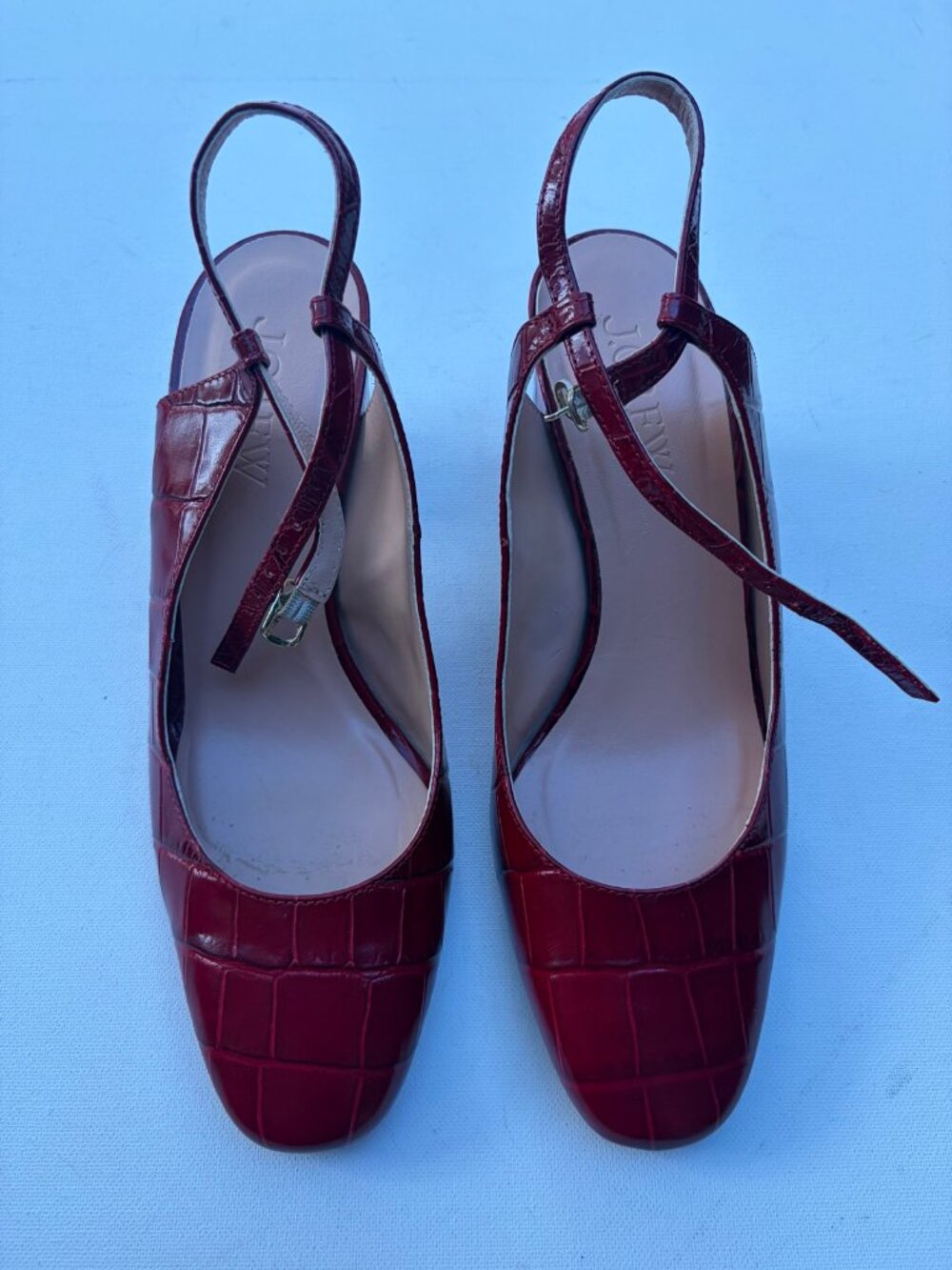J.Crew Leona Red Croc Block Heel Ankle Strap Slingback Pumps Size 8.5